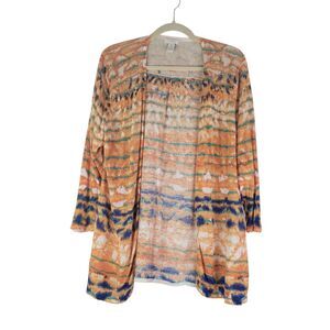 Chicos size 3 Cardigan Multicolor Tie Dye Boho Metallic Open Linen Blend Sweater